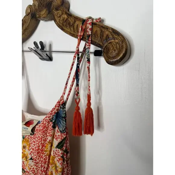 Farm Rio Anthropologie Verbena Midi Dress Tie Strap Tassel Tier Floral Boho xs